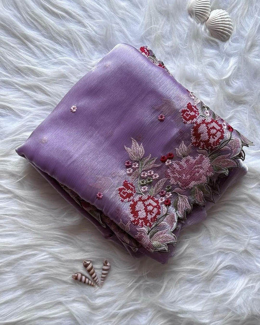 Sky Barbari Jimmy Choo Saree with Embroidery Work & Blouse - SEEANS