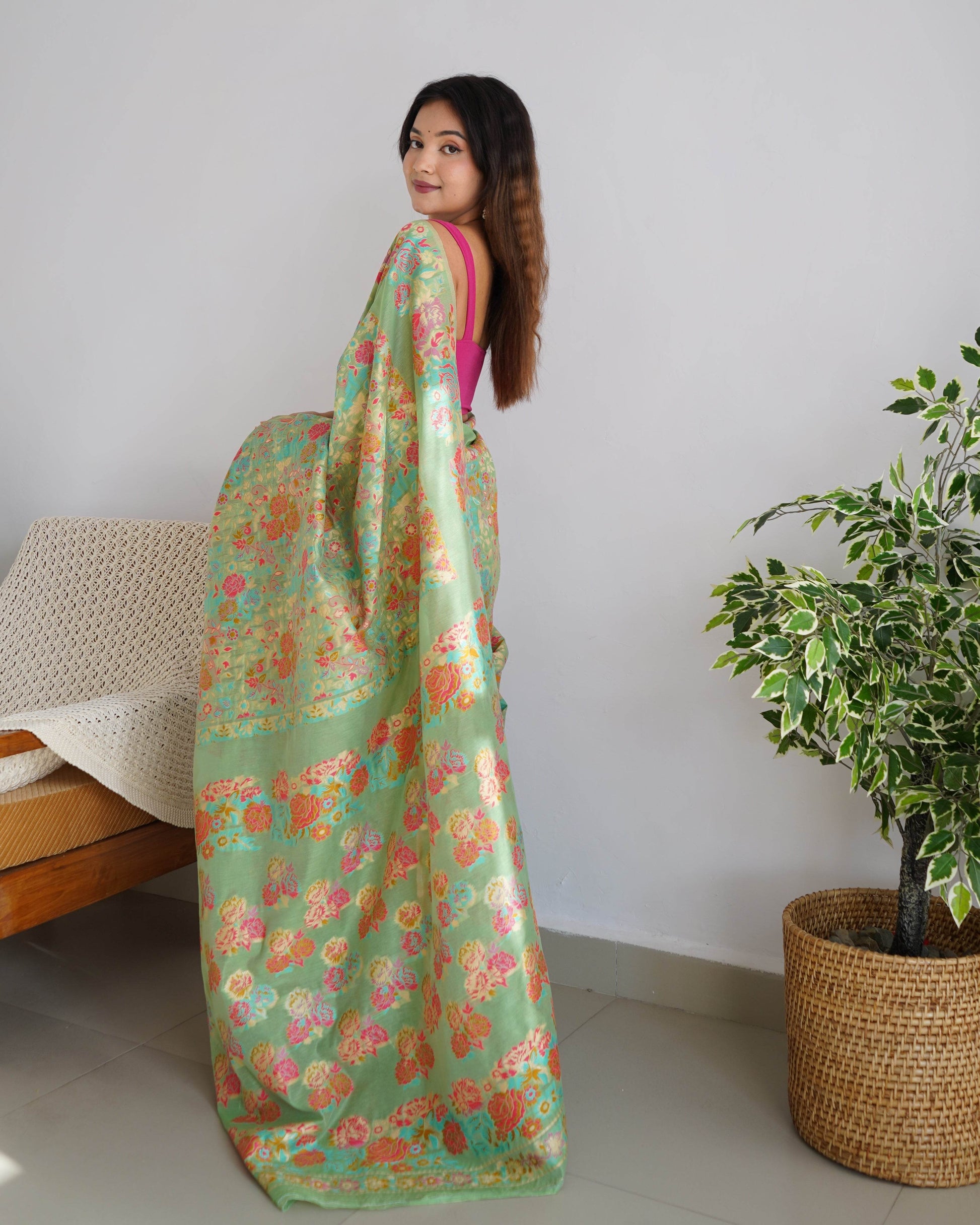 Kashmiri Pashmina Cotton Kachhi Work Multi Thread Saree – Elegant & Royal - SEEANS