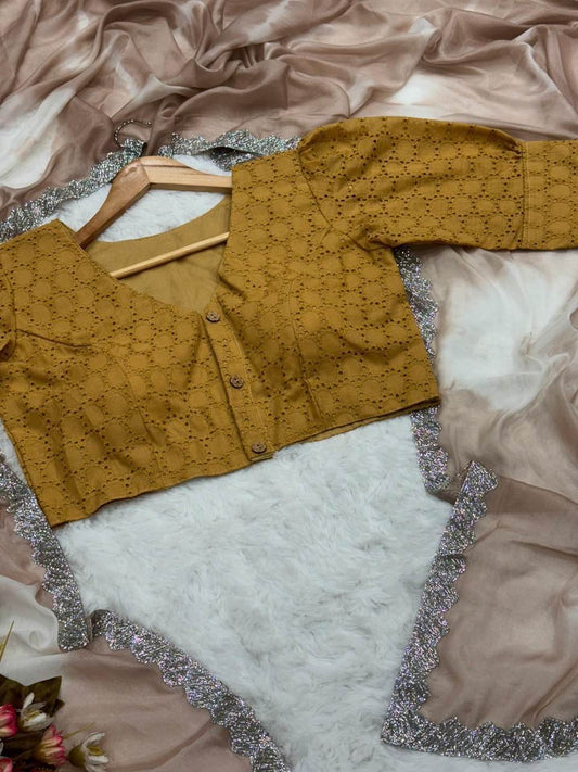 SEEANS Crystal Hakoba Saree with Zarkhand Lace & Stitched Blouse - SEEANS