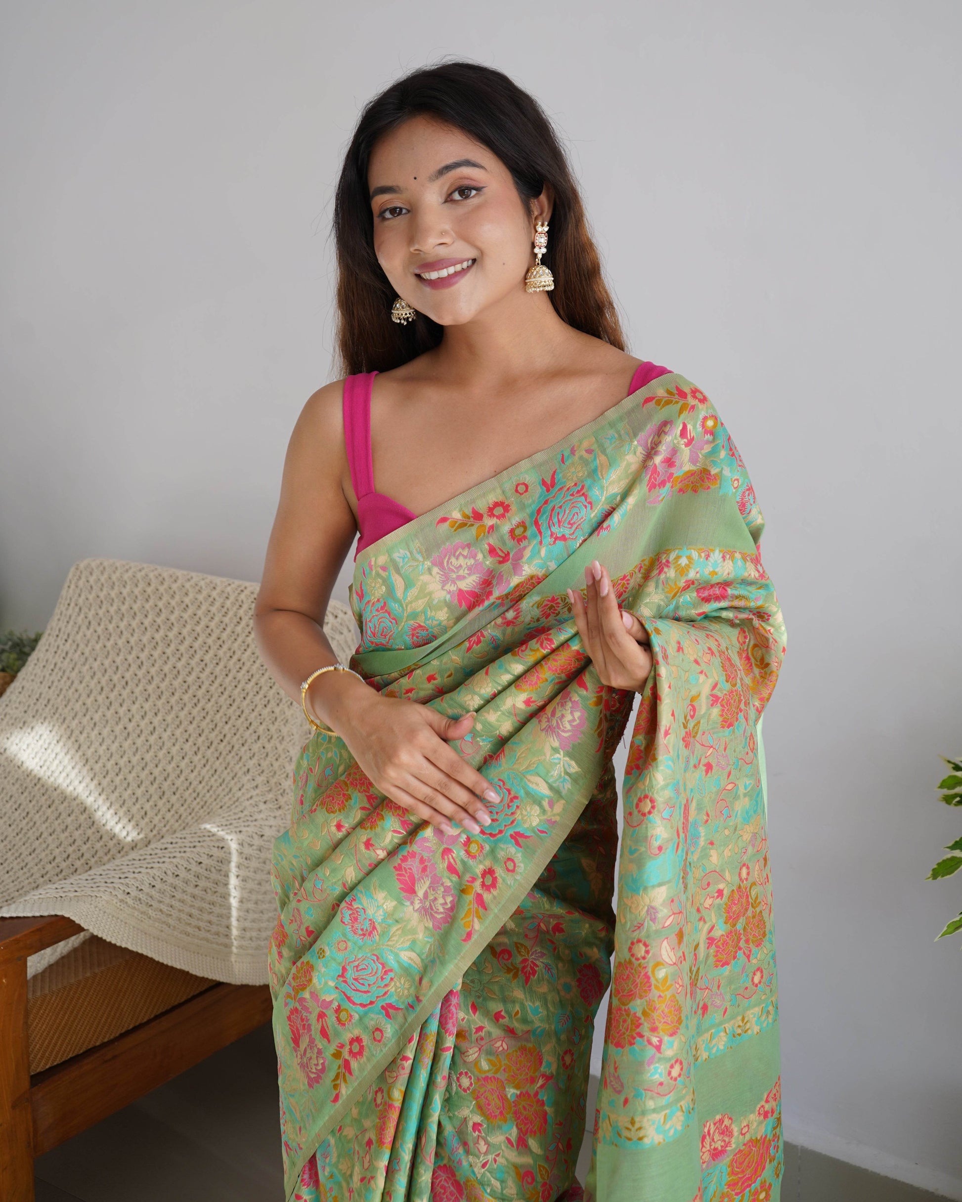 Kashmiri Pashmina Cotton Kachhi Work Multi Thread Saree – Elegant & Royal - SEEANS
