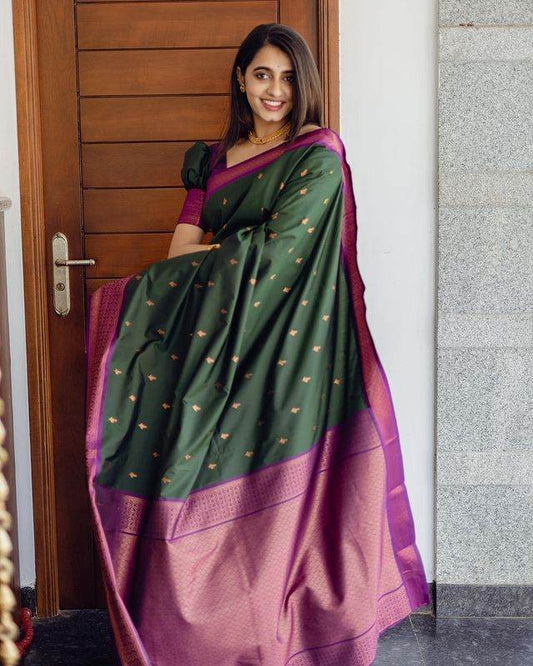 Kanjivaram Soft Lichi Silk Saree with Vintage Weaving & Rich Border - SEEANS